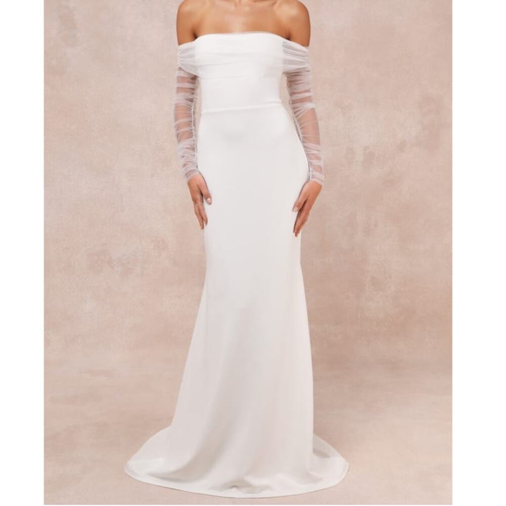NEW Lulus Bridal Beautifully Beloved White Mesh Off-the-Shoulder Gown Maxi Dress